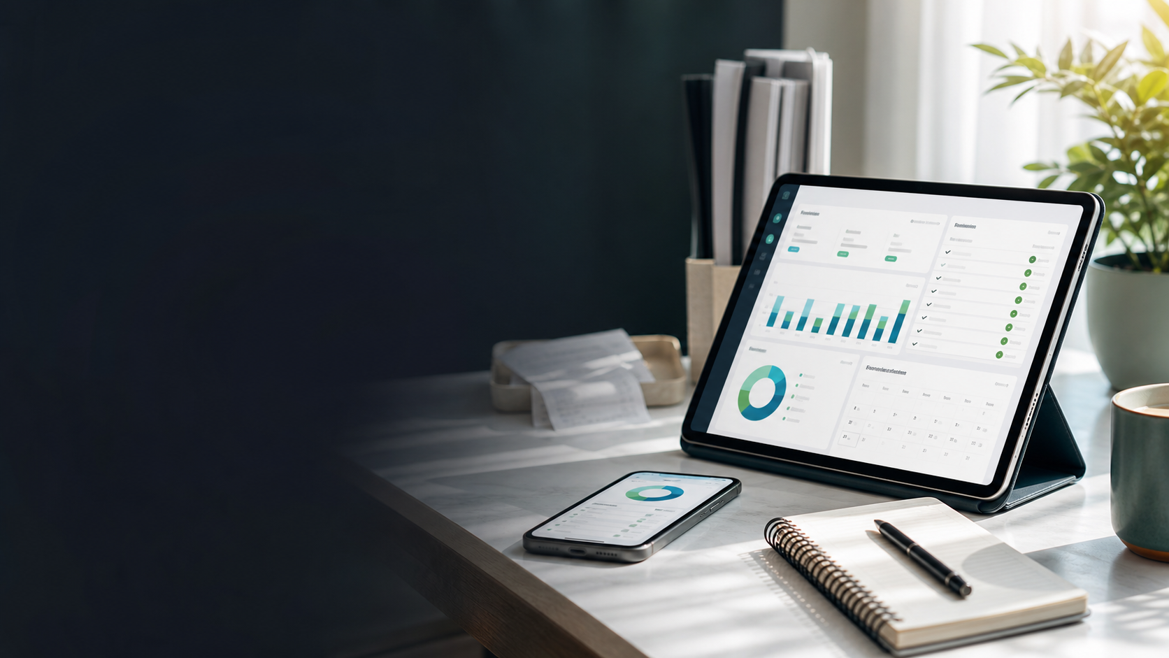 Tablet finance dashboard showing bookkeeping charts and task status